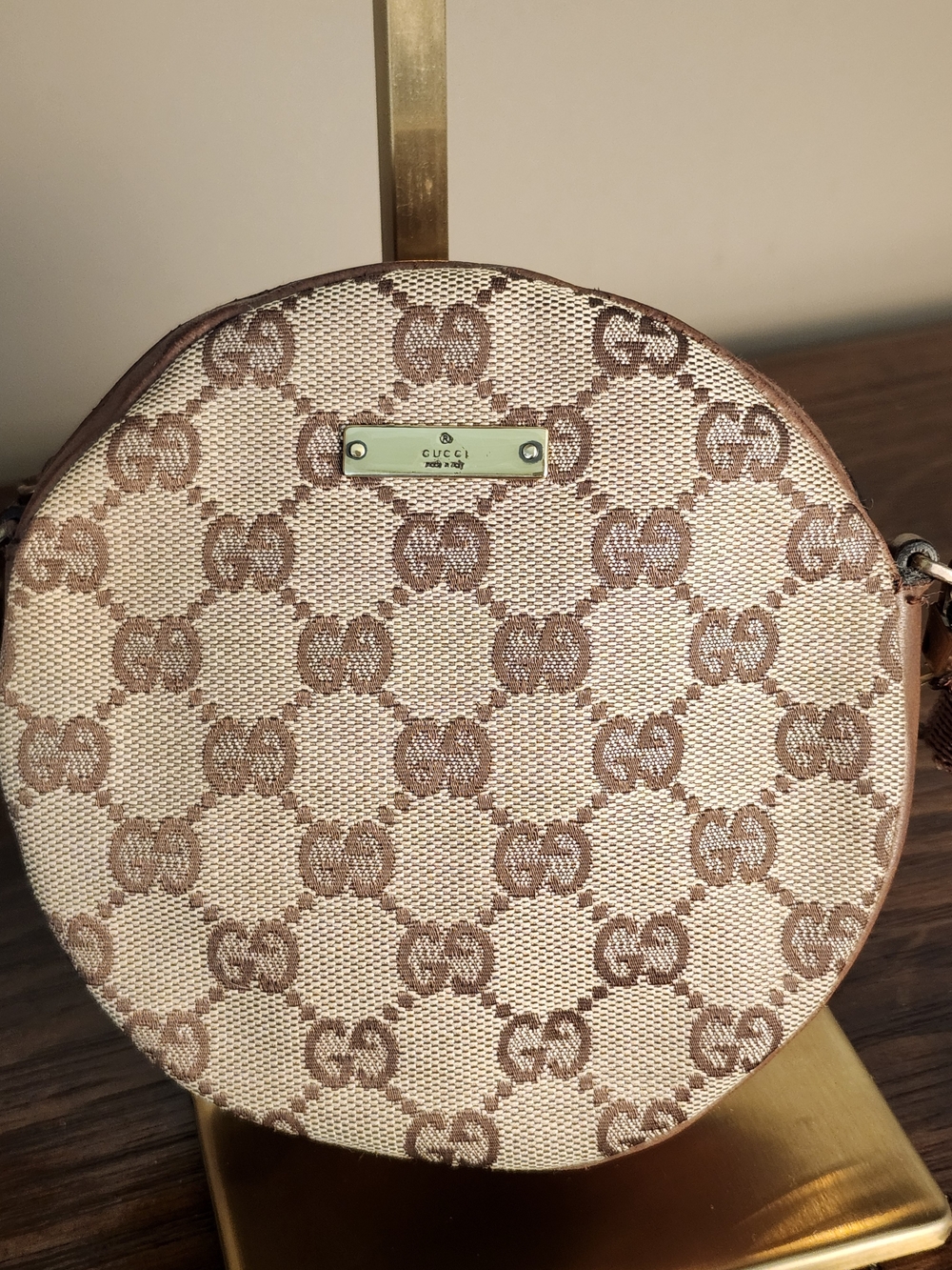 Gucci Bree Beige and Brown GG Canvas and Leather Round Circle Crossbody Bag